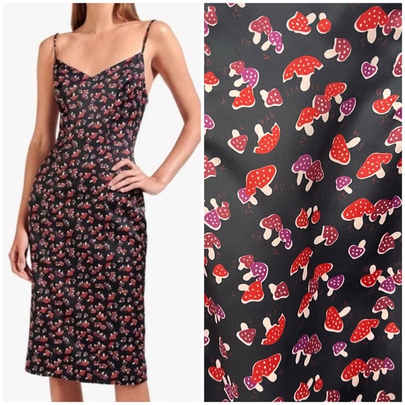 STAUD Mushroom Print Satin Midi Dress Size 4